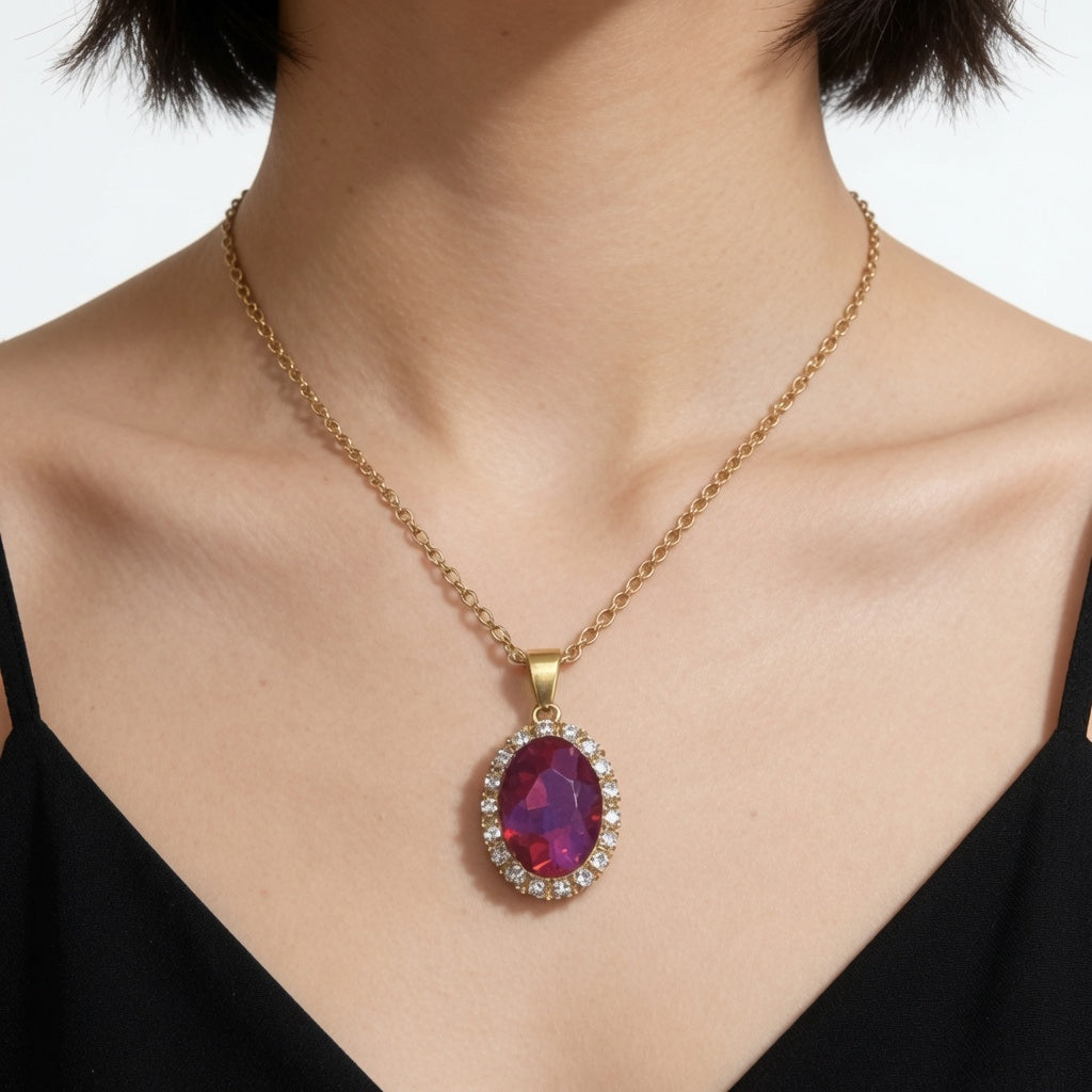 Zircon Stone Pendant necklace - (Red / White)