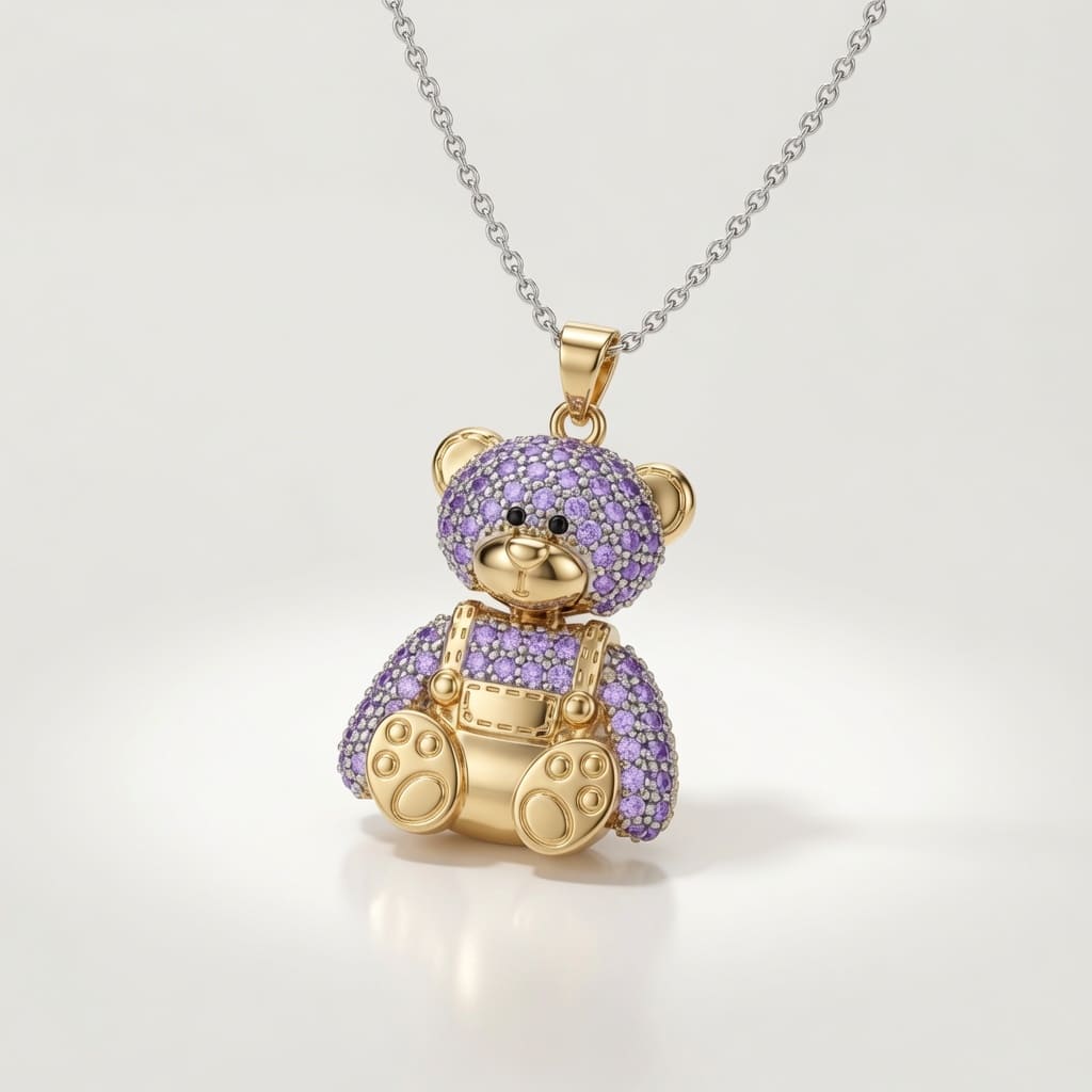 Bear Pendant Necklace - Purple Gold